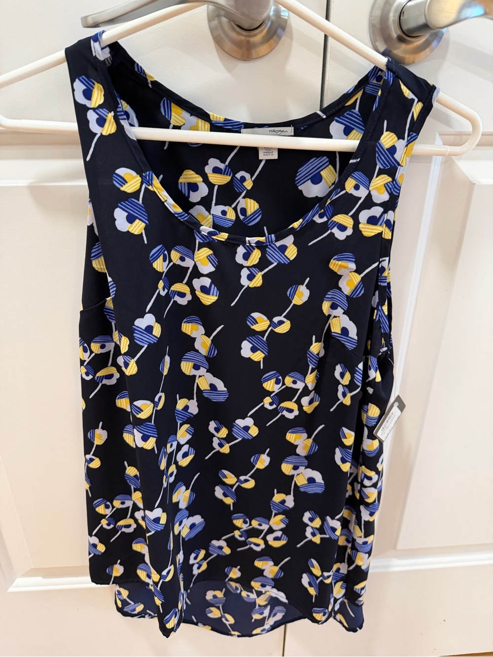 Halogen Navy Sleeveless Floral-Print Blouse with Yellow & Blue Accents
